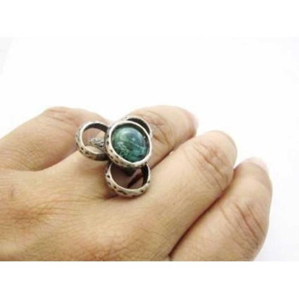 Vintage Modernist Green‎ Malachite Gemstone Flower Sterling Silver Ring*Sz 6.5 - Picture 5 of 7